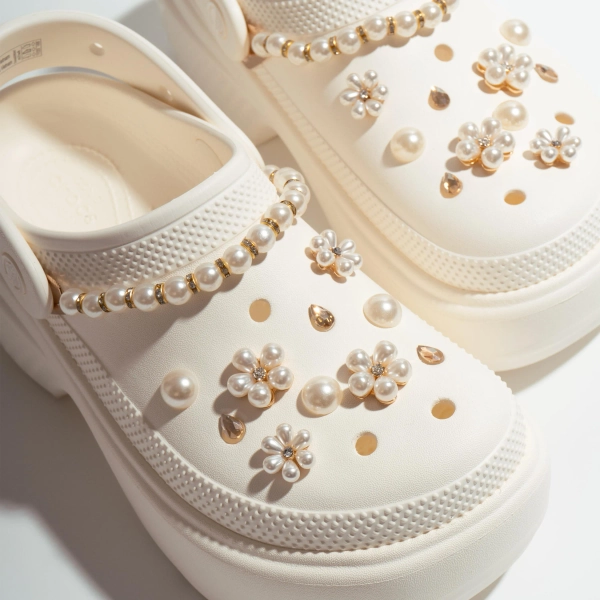 Pearl Flower Shoe Charms Set: Gold Bling Clog Accessories