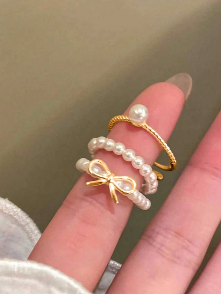 3pcs Minimalist Bow & Pearl Adjustable Ring Set, Delicate Stackable Jewelry, Halloween Gift For Girlfriend And Sisters