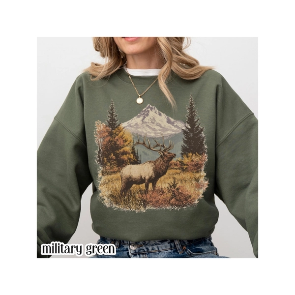 Vintage Elk Deer Hunting Sweater - 90s Retro Forest Scene with Elk & Hunter Cabin Design, Cozy Fall/Winter Crewneck Pullover, Machine Washable Americana Outdoor Outfit