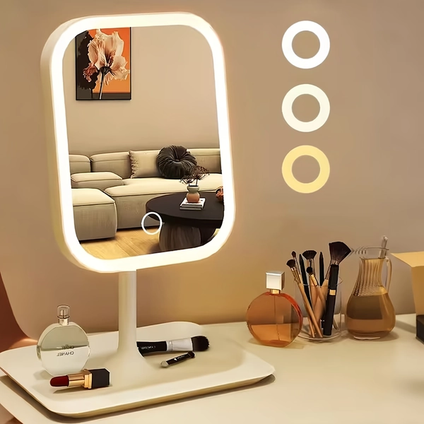 Illuminated Makeup Mirror Features Three Lighting Modes, Touch Control Operation, A Portable Stand, And A Foldable Design, Making It Ideal for Travel. It Comes with A Rechargeable Battery And Is A Compact LED Makeup Mirror.Free 10x Magnifying Glass