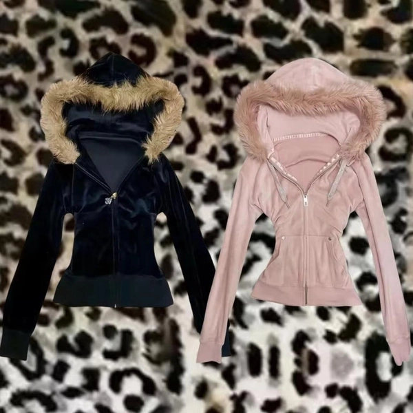 Y2K Pink and black velvet zip...