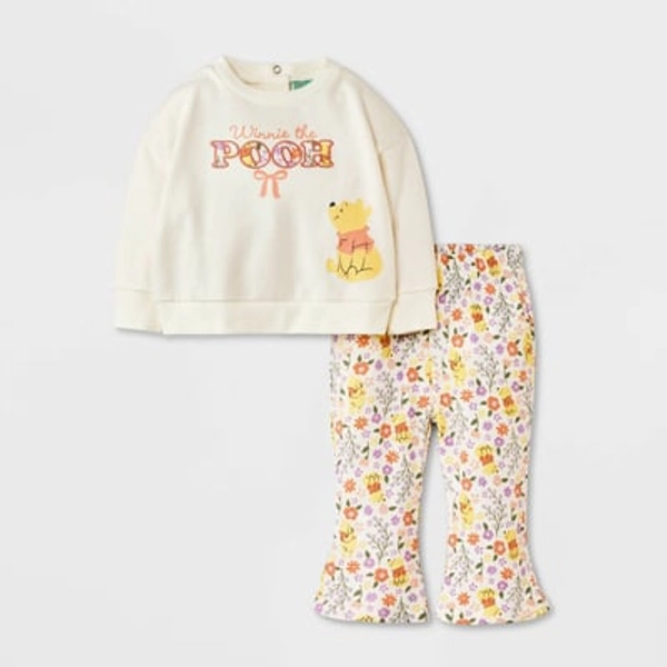 Baby Girls' 2pc Disney Winnie The Pooh Floral Bow Pullover & Bottom Set - Cream 6-9M