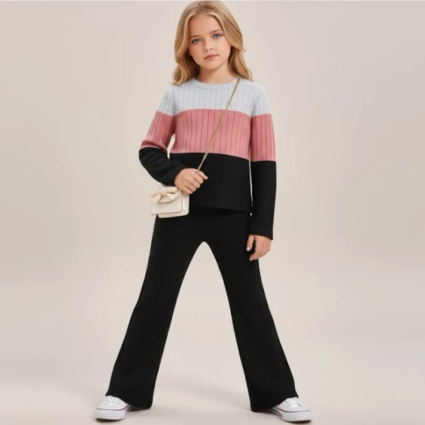 TEMU Girls' Oversized Long-Sleeve Top & Flared Bell-Bottom Pants Set