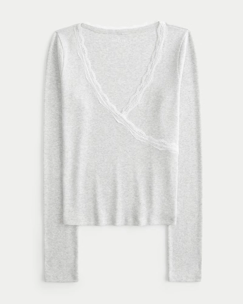 Long-Sleeve Lace Trim Wrap Top