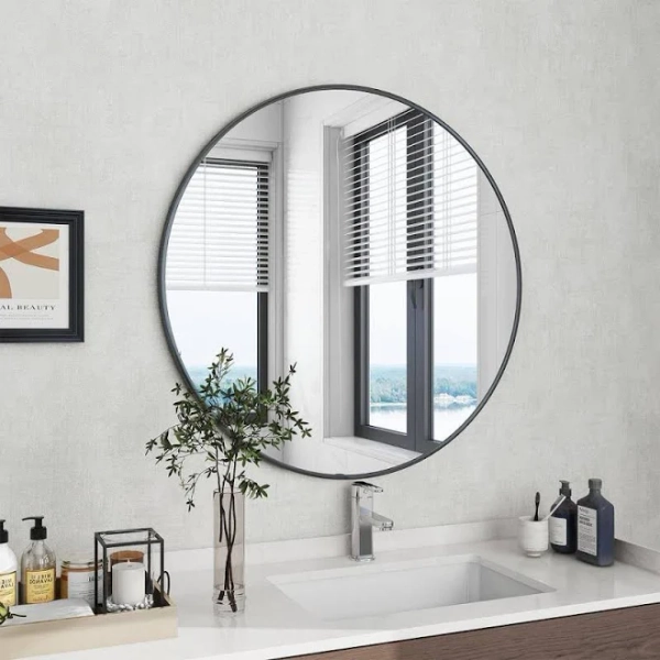 XRAMFY 36 in. W x 36 in. H Round Aluminum Alloy Framed Black Wall Mirror