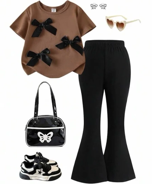 SHEIN Girls' Bowknot T-Shirt and Flared Pants Outfit Set