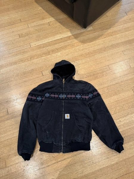 90s black hooded carhartt aztec jacket size L made in usa