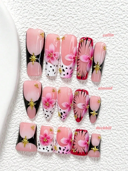 10pcs Sweet Style Handmade Press-On Nails, Polygel Nail Art Set, Star Accents, Handmade Five-Petal Flower Decoration, White And Black Nail Polish, Unique Style, Includes Nail Tools, 3 Sizes Available, Almond/Duck/Coffin Shape, Suitable For Party, Dancing, Daily Wear