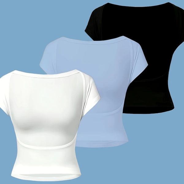 3pcs Women'S Sexy Backless Crop Tops - Slim Fit Short Sleeve T-Shirts in Red, Light Blue & White, Stretchy & Breathable Fabric, Perfect for Casual or Stylish Outfits, Crop Top Blouses, T-shirt For Women, T Shirt Women, Top For Women, Women'S T-shirts, Shirt For Women, T Shirt For Women, Top For Women Stylish, Ladie Top