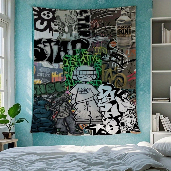 [Vibrant Graffiti Tapestry] Vibrant Urban Graffiti Art Tapestry | Streetwear-Themed Wall Hanging with Skateboarding Figures, Bold Colors & Playful Designs, Perfect for Living Room, Bedroom, Dorm Decor | Great Gift for Birthdays & Christmas, Bedroom Statement Piece | Streetwear Aesthetic | Easy Hang Design, Graffiti Wall Art
