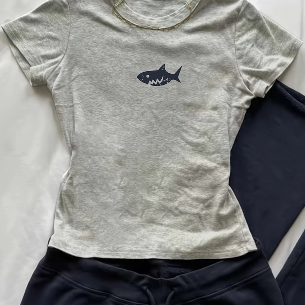 00008-A Women'S Casual Top with Small Fish Print, American Style, Fashionable And Versatile, Girlish Short-Sleeved Fun T-Shirt, Top Only/No Bottoms-Cc451