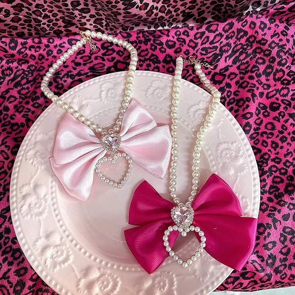 [£5.16]Pink/Rose Red Gyaru Rhinestone Heart Bow Beaded Necklace