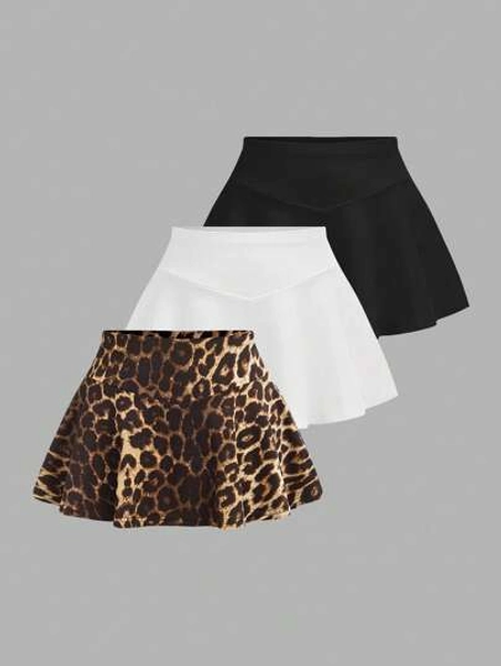 SHEIN Tween Girls 3pcs Casual Minimalist Leopard Print Black & White Shorts Set, School, Campus, College