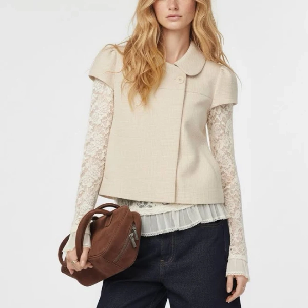 Peter Pan Collar Houndstooth Button Short Sleeve Blouse