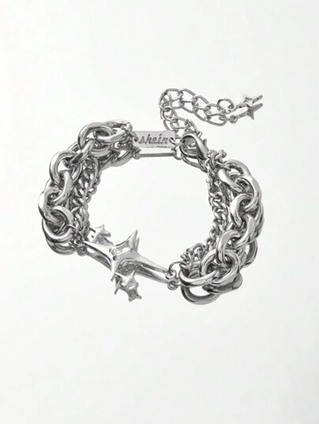 SHEIN X Lucía Bellido SHEIN ICON Silver Star & Chain Decor Bracelet