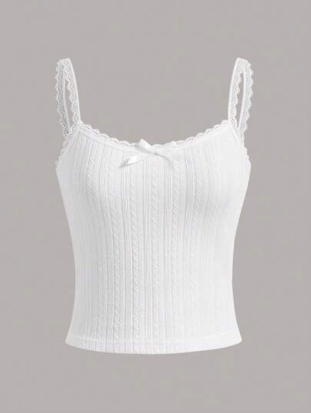 SHEIN x Marika Sila SHEIN MOD Summer Going Out Solid Lace Bow Front White Cami Top