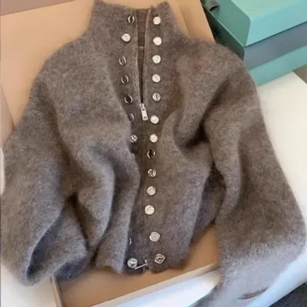 Gris industrie lourde Double boutonnage col montant pull veste femmes automne hiver haut de gamme paresseux fermeture éclair tricoté pull haut