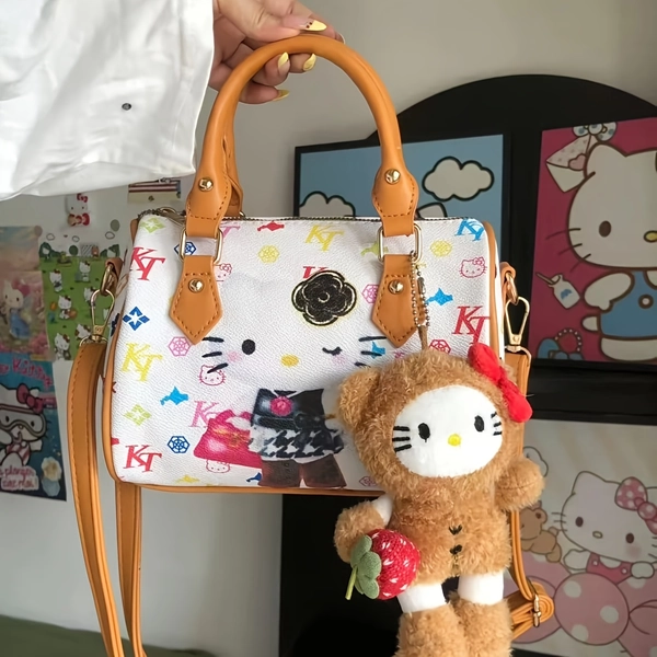 New Hello Kitty Cartoon Graffiti Tote Bag, Boston Pillow-Shaped Bag, High-End Commuter Large Capacity, Fashionable Crossbody And Shoulder Bag (Without Pendant)