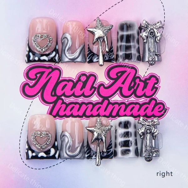 Delicatething Y2K Style Duckbill Nails, Handmade Press On Wearable Nail Set, 4 Sizes XS S M L, Heart Drip French Design, Perfect Gift for Girls, Press On Sets