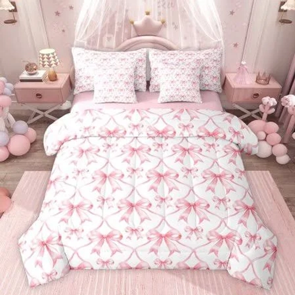 Jejeloiu Ribbon Bowknot Bow 7-Piece Twin Bedding Sets,White Pink Bedding Comforter Set For Bowtie Girls Reversible