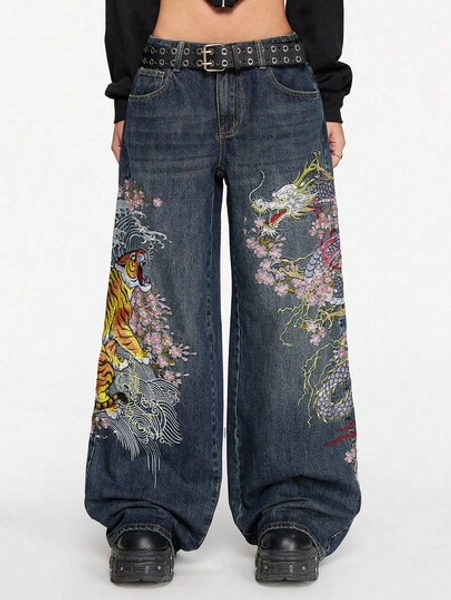 ROMWE Grunge Punk Unisex Retro Street-Style Chinese Tiger & Floral Embroidery Loose Wide-Leg Low Waist Jeans
