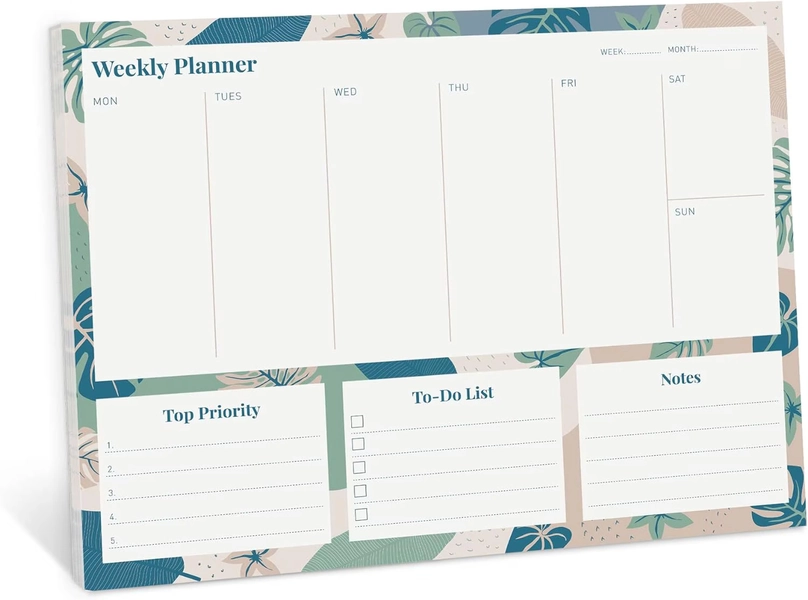 Rileys & Co Weekly Planner Pad, Undated Planner with 52 Tearaway Sheets, Daily To Do List Notepad with Top Priorities, Checklist, and Notes Sections, Floral Printed Border, 11.0 x 8.5 inches