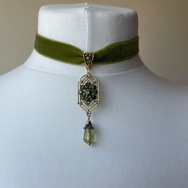 Sage green velvet ribbon art deco style choker, ancient gold ornate zirconia green gem and bead drop pendant, vintage look jewellery