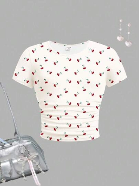 SHEIN Mini Cherry Print, Tween Girls Fitted Casual Plain Round Neck Ruched Short Sleeve T-Shirt, Suitable For Summer