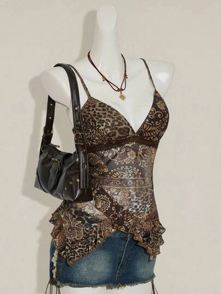 SHEIN ICON Women's Vintage Paisley Print Patchwork Asymmetrical Hem Cute & Sexy Top, Autumn/Winter Leopard Print Top Brown Top For Women Animal Print Top Snake Print Top Women S Tops Dressy