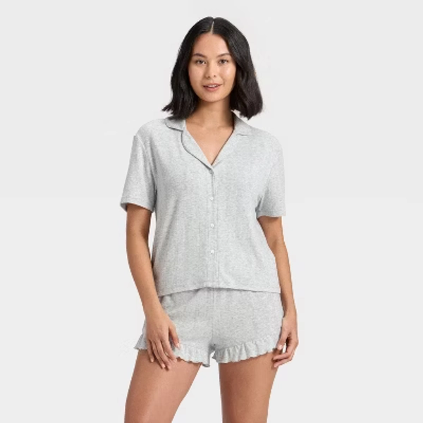 Women's Pointelle Notch Collar Shirt and Shorts Pajama Set - Wild Fable™ Gray M