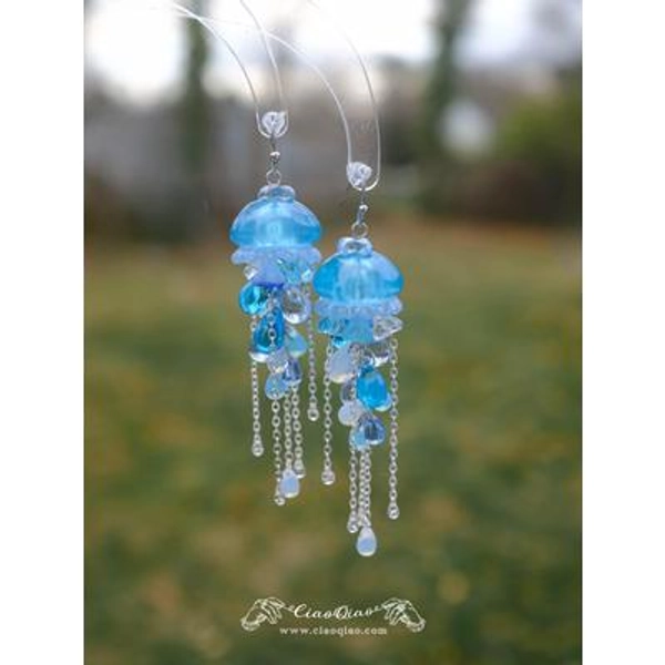 Ocean Blue Jellyfish Long Dangle Earrings With Water Drops and Silver Chains