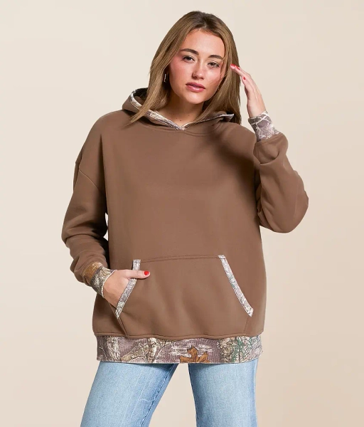 Large Washed Brown Camo Trim Hooded Sweatshirt