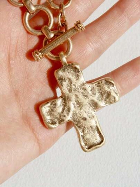 Hammered Bold Cross Necklace Thick Chain Set For Women Men Chunky Golden Silvery Statement Pendant Necklace Vintage Chain Pendant Jewelry
