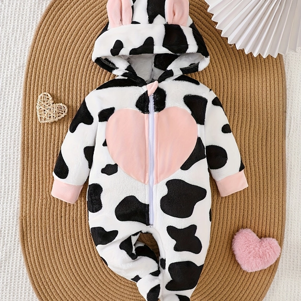Body para recién nacido de otoño invierno, diseño de vaca, mono para gatear, patchwork de corazones rosas, mameluco con capucha, cremallera y pies, cálido, casual, para usar en casa y al aire libre, ideal para exteriores