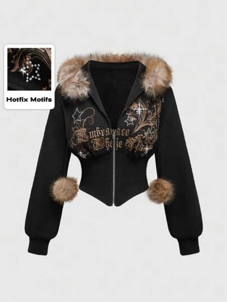 ROMWE Grunge Punk Y2K Subculture Retro Leopard Print Collar Hoodie, Reconstructed Vine Print Embellished For Women Graduation,Back To School Outfits,Graduation,Teacher Outfits For Women,Back To School