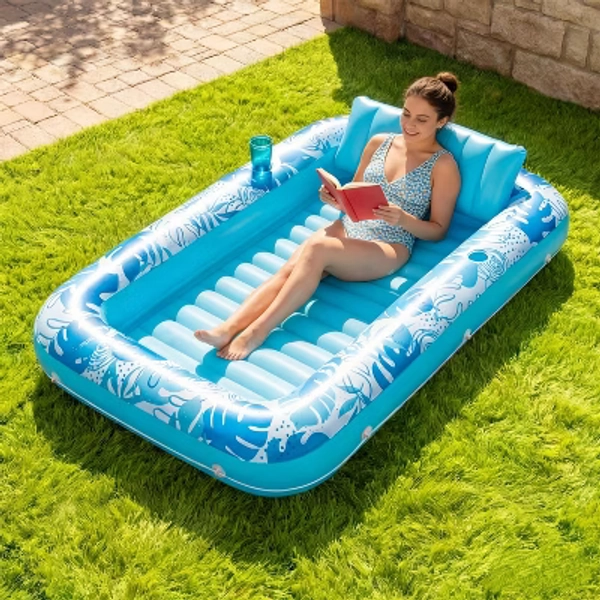 Joyfy Pool Floats Inflatable Pool Tanning Adults Floats Bed Tanning with Pillow Drink Holders Tanning Pool for Adult Pool Party 70" - Blue