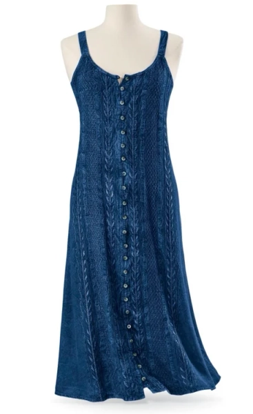 
	Blue Note Embroidered Indigo Maxi Dress, Button Front, Sleeveless - Pyramid Collection Fashions That Express Fantasy And Romantic Spirit
