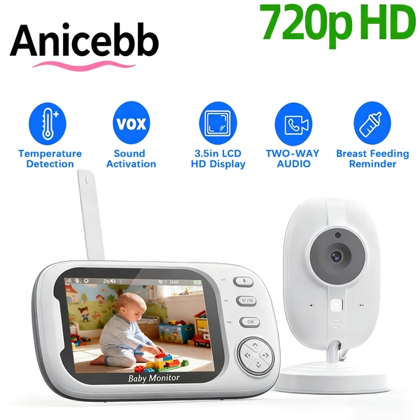Monitor sin varillas 720HD con pantalla LCD de 8.89 cm, monitor HD con audio bidireccional, 8 canciones de cuna, recordatorio de alimentación, detección de llanto VOX, alerta de temperatura, visión nocturna, sin varillas 2.4G, rotación manual y grabación en bucle, no necesita WiFi/APP para la