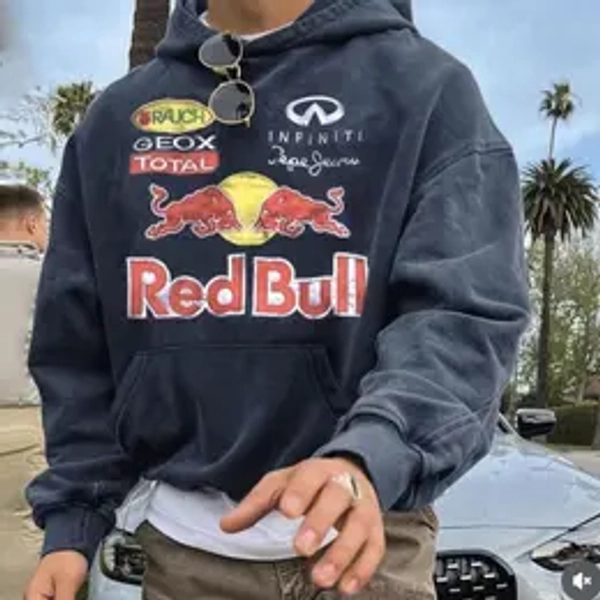 Oversize Leisure Racing Graphic Print Pocket Hooded Sweatshirt Redbull Hoodie