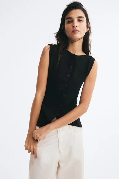 Boat-neck rib-knit waistcoat - Black