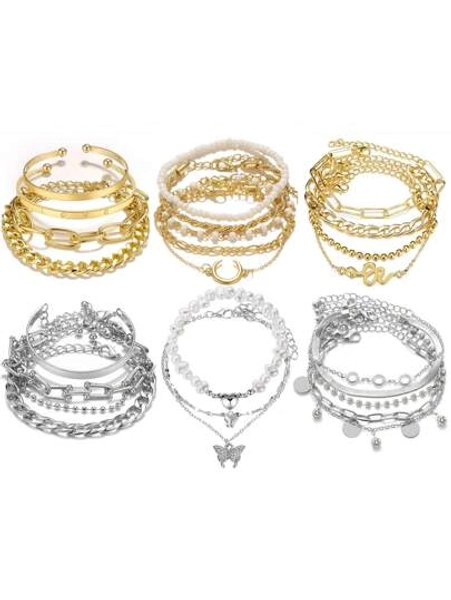17IF 18-25 PCS(6 Pack) Boho Gold Bracelets Set For Women Stackable Chunky Dainty Bangles Adjustable Chain Flat Cuff Cuban Punk Charm Bundle Jewelry