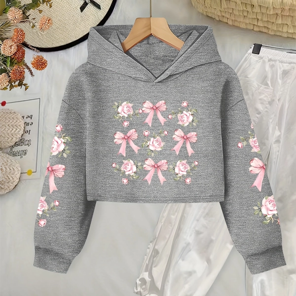 413 Girls' Fashionable Trendy Creative Pattern Print Cropped Hooded Sweatshirt, Suitable for Casual Wear for Girls