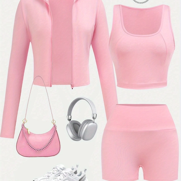 Girls' Athletic Compression 3pcs Set, Running Tennis Yoga Casual Comfortable Breathable Sweat-Wicking Tank Top, Shorts And Jacket Outfit, for Outdoor, Sweat-Resistant