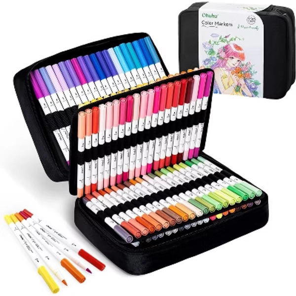 Ohuhu Markers Paper-friendly No Peeling Water-based 120 Colors Dual Brush Fineliner Tips Markers