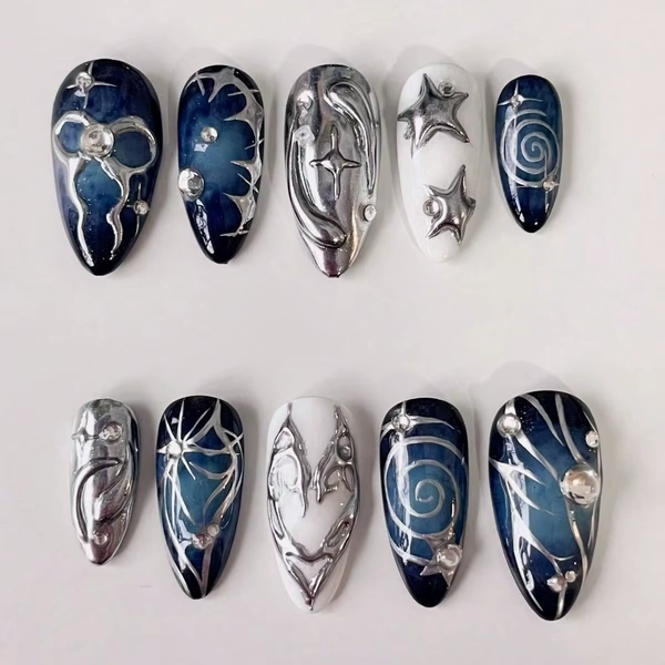 10Pcs Handmade Acrylic Press On Nail Set, Long Almond Mirror Glossy Dark Blue Nails, Retro Y2K goth nails， Fake Nails，Summer - AliExpress 