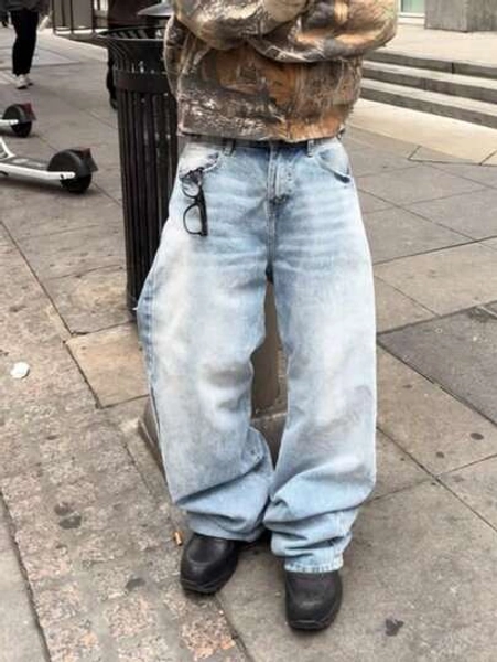 Men's Light Blue Washed Denim Jeans, Retro Streetwear Loose Fit Straight Leg Pants