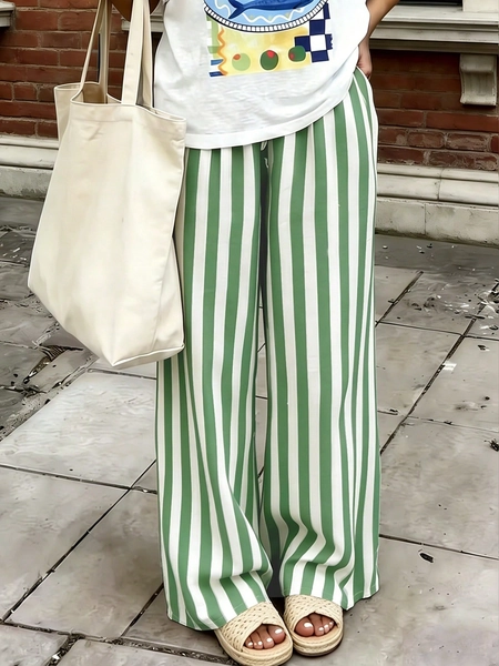 Women's Casual Striped Loose Pants, Lightweight Comfortable Elegant Bohemian Style Trousers For Spring, Summer, Autumn Seasons