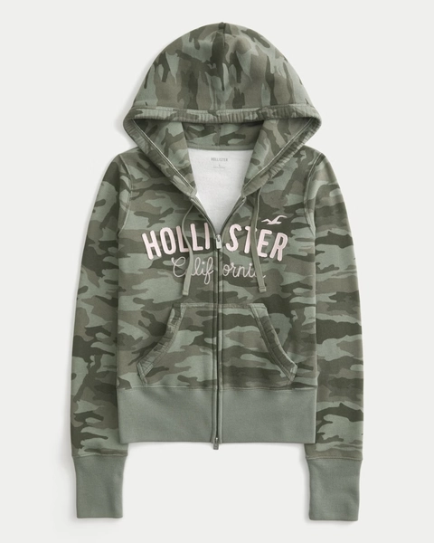 Hollister Feel Good Zip-Up Camo Logo Graphic Hoodie