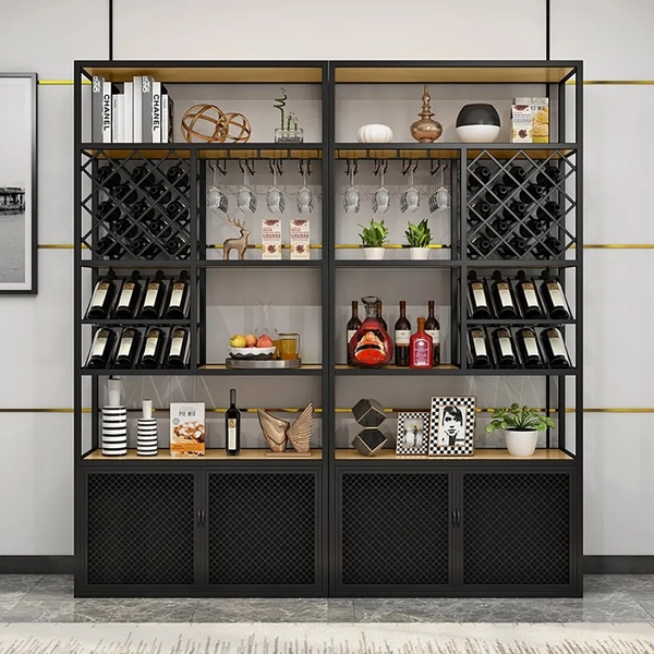 Industrial Tall Wine Rack Floor Home Bar Cabinet with Glass Rack &amp; Bottle Holder