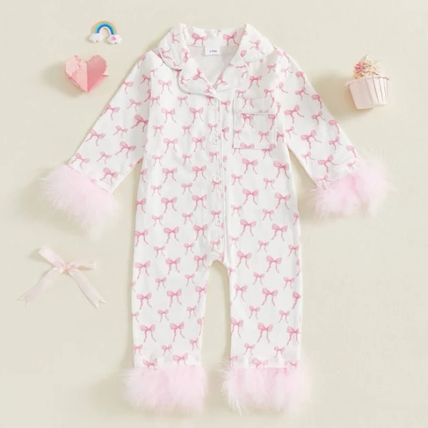 Newborn Baby Girl Bow Print Lapel V Neck Long Pants Set